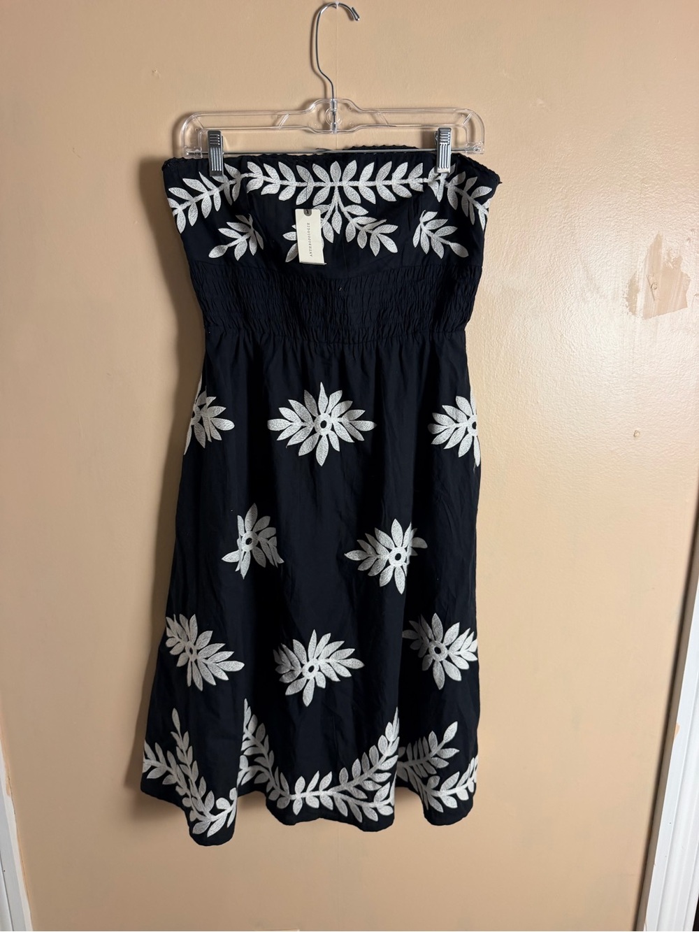 Anthropologie NWT black strapless dress with white embroidery